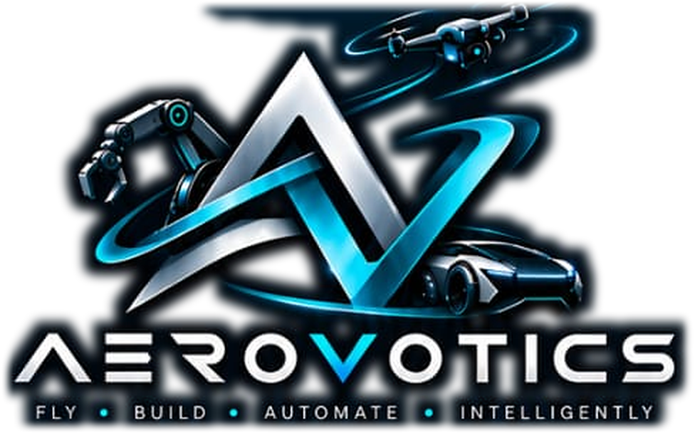 Aerovotics logo: a metallic AV monogram with a robotic arm, a drone and a car, and the tagline Fly, Build, Automate, Intelligently