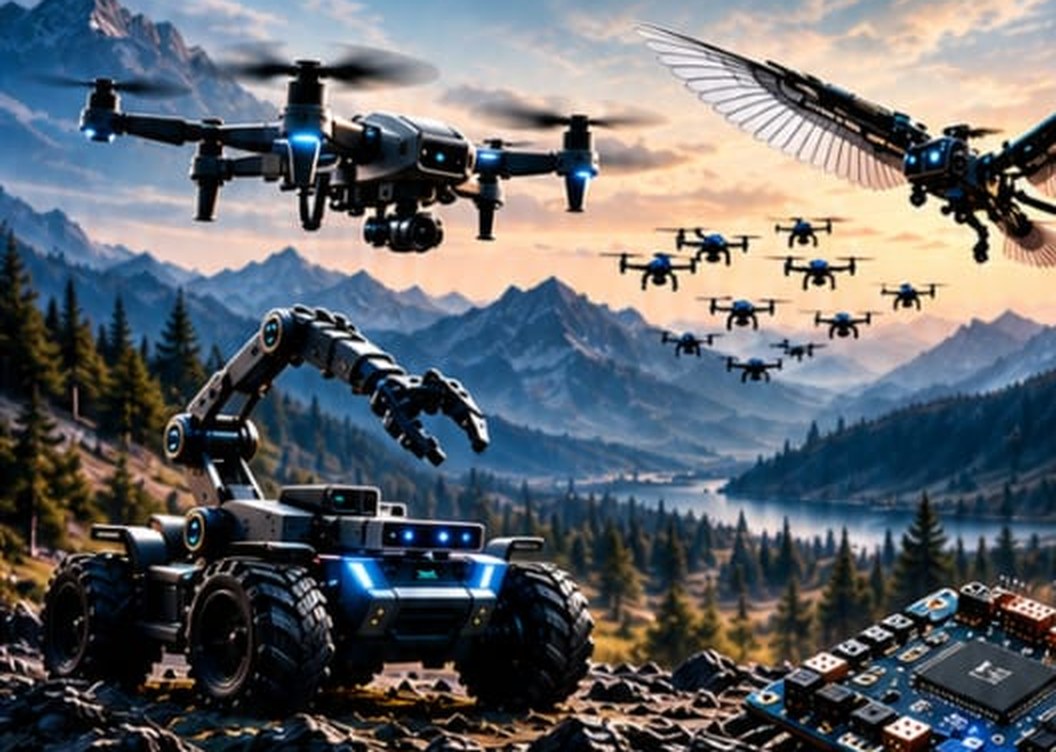 Concept artwork: a quadcopter drone, a flapping-wing drone, a drone swarm and a ground robot with a manipulator arm in a mountain landscape