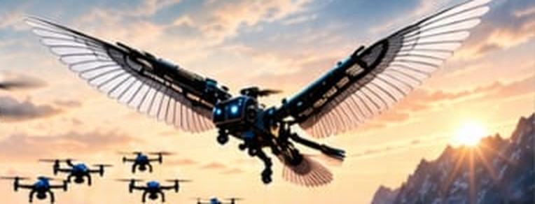 Concept artwork: a flapping-wing drone and a swarm of drones over mountains